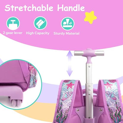 Kids Rolling Mermaids Backpack for Girls Sequins Trolley Suitcases Luggage Travel with Wheels Bookbag Wheeled 17" Roller Backpacks Toddler Back Pack School Bags for Elementary Golden Heart - color: 5416-meirenyu-golden