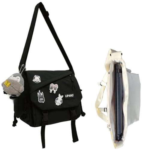 Aesthetic Crossbody Bag with Cute Pins and Ornament, Nylon Shoulder Messenger Bag Japanese Kawaii Bag for Women Men - color: L-black-fit Laptop