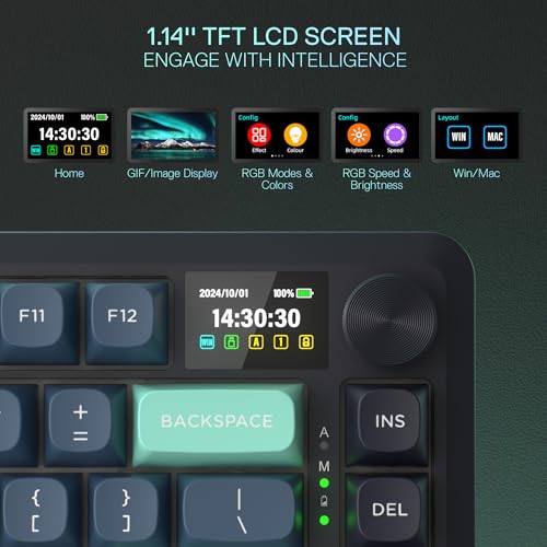 Redragon K724 PRO Wireless 81-Key Gasket Gaming Keyboard, TFT Screen & Knob | Easy-Control LED Info Display, 0-Delay Tri-Mode, Cushioned 5-Layer Noise Dampening for Creamy Thocky Sound, Compact 80% Size - color: Dark Jade, size: 81 Keys + LCD Screen