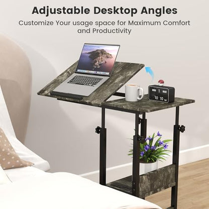 Hadulcet Adjustable C Table with Charging Station, Tiltable Desk C Shaped End Table for Couch, Over Bed Table with Wheels Adjustable Height, Laptop Stand Drawing Desk, Marble Grey - color: Marble Grey, style: Upgrade