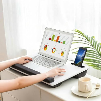 Lap Desk Home Office Lap Desk Portable Laptop Desk for Left Right - Handers with Whole Mouse Pad Wrist Pad Dual Cushion Phone Tablet Slots Fits Up to 17 Inch Laptops - color: White