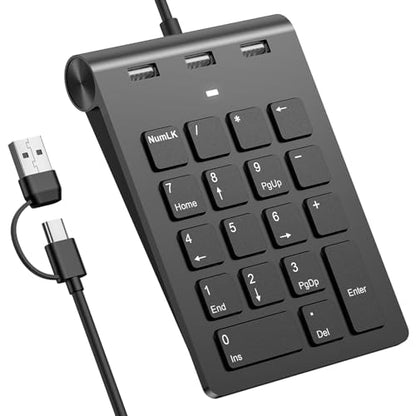 2-in-1 Number Pad & USB Hub with USB-C and USB-A Cables, 15° Ergonomic Wired Numpad with 3 USB 2.0 Ports , Number Keypad for Laptop/iPad/MacBook/PC/Windows/MacOS,No Adapter Needed USB Number Keypad - color: Black