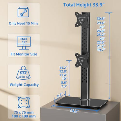 MOUNTUP Vertical Dual Monitor Stand, Stack Two Screens up to 32 inches,33 Lbs, Free-Standing Monitor Desk Mount, Monitor Riser with Swivel, Tilt, Height Adjustable, VESA Stand 100 x 100mm, 75 x 75mm - size: Dual