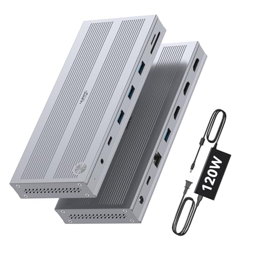 Displaylink Docking Station 3 Monitors with 120W Power Adapter, 14-in-1 Laptop Dock for MacBook M1/M2/M3/M4/Windows, 3XHDMI, 5 USB Ports, Ethernet, Audio, SD/microSD