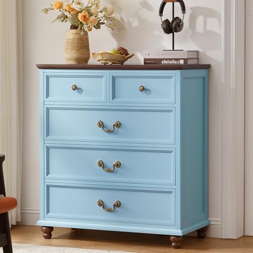Joaxswe Farmhouse 5 Drawer Dresser for Bedroom, 35" Tall Rustic Chests of Drawers w/ 4 Solid Wood Feet, Mid Century Modern Wooden Closet Storage Dressers Organizer for Living Room, Hallway,Light Blue - color: Light Blue, size: 15.7"D x 31.5"W x 35.2"H (5