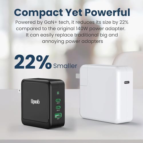 140W USB C GaN Charger UPTab, Dual USB-C + USB-A Fast PD 3.1 Power Adapter for MacBook Pro/Air, iPhone 17/Pro/Max, iPad, XPS – Compact Wall Charger with LED