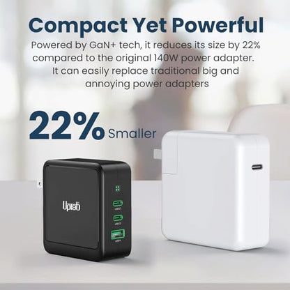140W USB C GaN Charger UPTab, Dual USB-C + USB-A Fast PD 3.1 Power Adapter for MacBook Pro/Air, iPhone 17/Pro/Max, iPad, XPS – Compact Wall Charger with LED