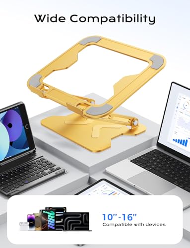 JCZT Adjustable Laptop Stand for Desk, Metal Foldable Laptop Riser, Portable Laptop Holder Mount, Ventilated Cooling Computer Notebook Stand for MacBook Air Pro, All 10-16'' Notebooks Laptops, Gold - color: Gold