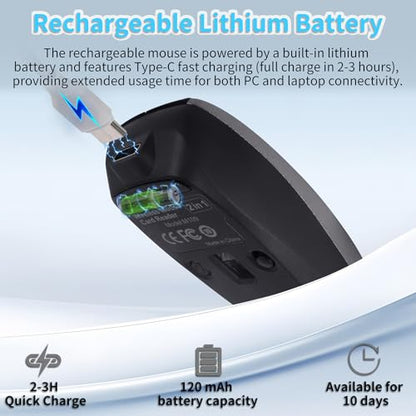 Mini Bluetooth Wireless Mouse with TF Card Reader, Rechargeable, Silent Click, Portable for Laptop, PC, Travel, Office & Home Use (Grey) - color: Grey