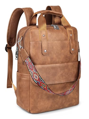 Leather Laptop Backpack 15.6 inch Womens Computer Bag Brown | 3-in-1 laptop purse: Dedicated 15.6" Compartment, 7-Pocket Organizer, Colorful Shoulder Strap, Work & Travel Ready - color: Brown