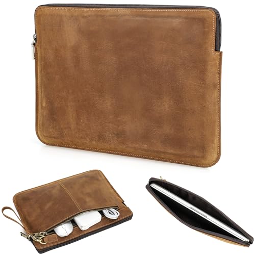 Top Grain Leather 13.3" Slim Laptop Sleeve Bag, Vintage Design with 2 Zip Pockets, Fully Handmade, Compatible with MacBook Pro 13.3" MacBook Air 2022 DELL XPS 13" & other PC, Brown 13.3 Inch - color: 【Bag】Horizontal Zip & 2 Pockets - Brown, size: 13.3" -