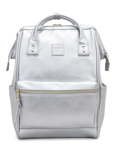 Kah&Kee Leather Laptop Backpack for Women 15 inch Teacher Work Travel Bag | Premium water-resistant PU leather. Fits 14″ & 15″ laptops. Anti-theft pocket, luggage strap. Ideal for daily commute. - color: Silver, size: Medium