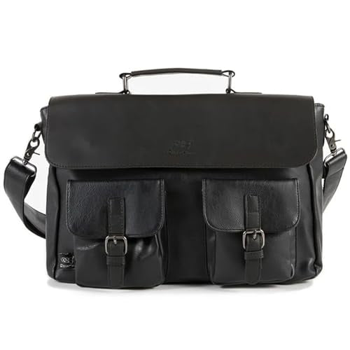 Leather Messenger Bag for Men, Leather Laptop Shoulder Satchel Bag, Vintage Briefcase for Office Travel Work - color: Jet Black-2 Pockets