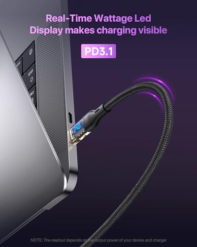 240W USB C to USB C Transparent Cable Compatible with 140W 100W Fast Charging Cable with LED Display for MacBook Pro,lPhone 16/15/15Pro/15ProMax,Galaxy S23+/S23 Ultra/S22,etc(4ft,Black) - size: 4Ft