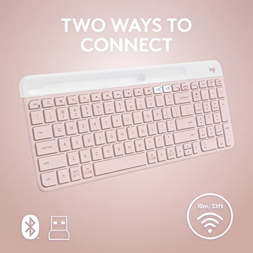 Logitech K585 Slim Wireless Keyboard with Built-in Phone Cradle - Rose | Bluetooth with included USB receiver, connects 2 devices, cradle can hold smartphone or tablet up to 10 in. in landscape mode - color: Rose