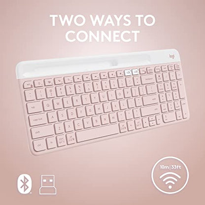 Logitech K585 Slim Wireless Keyboard with Built-in Phone Cradle - Rose | Bluetooth with included USB receiver, connects 2 devices, cradle can hold smartphone or tablet up to 10 in. in landscape mode - color: Rose
