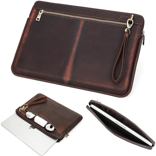 Top Grain Leather 15.4" Slim Laptop Sleeve Case Bag, Vintage Design with 2 Zip Pocket, Handmade, Compatible with MacBook Pro 15.4" Retina 2.6GHz ThinkPad 15.6" & Other PC, Coffee 15.4 Inch - color: 【Bag】Horizontal Zip & 2 Pockets - Coffee, size: 15.4" - F
