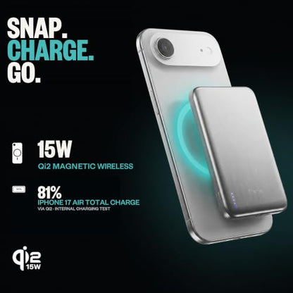 BMX Air Semi-Solid Power Bank, 5000mAh Qi2 (Gold) | World's thinnest semi-solid 5000mAh at 6.8mm; semi-solid-state safety; MagSafe-compatible 15W Qi2; 20W USB-C; titanium shell - color: Gold