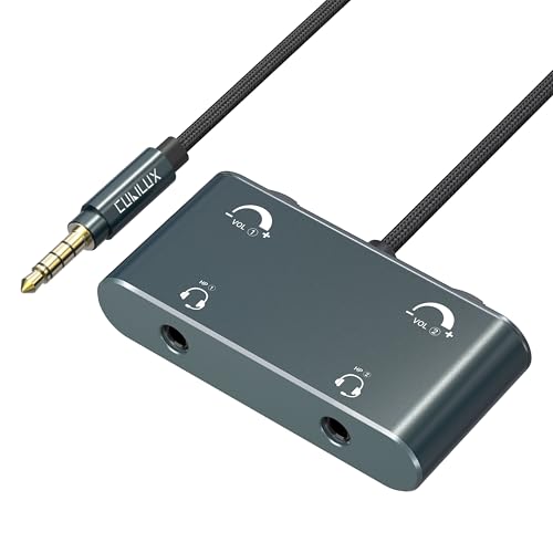 3.5mm Dual Headset Adapter with Volume Control, 1/8" to 2 TRRS Microphone Connector, Double Headphones Audio Splitter for 2 People Meeting, Recording, Online Training, Music Sharing