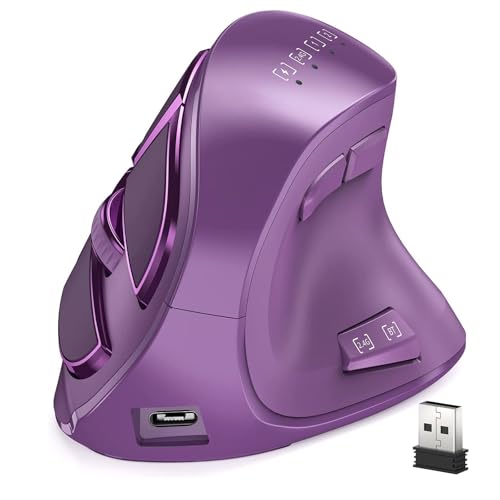 Vertical Mouse, Wireless Ergonomic Optical Mouse (BT 5.0 + Bluetooth 3.0 + USB Connection) with 9 Buttons, Rechargeable Computer Mouse for Wins PC/Laptop, Mac (Purple) - color: Purple