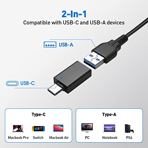 4-Port USB 3.0 Hub, VVTOYER Portable USB Hub Splitter for Laptop, with Individual Power Switch and USB-C Adapter - color: 1103CT black