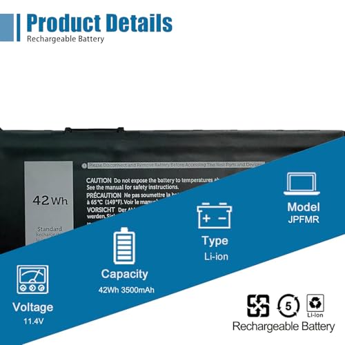 42Wh JPFMR Laptop Battery Replacement for Dell Chromebook 3100 3400 2-in-1 | Compatible with Dell Chromebook 5488 5493 5593, Replaces 16DPH 65N6H 7T0D3 07GDY 7MT0R DN33X RDNP5, 11.4V 3500mAh Battery - size: 7.58*4.10*0.26 inch JPFMR