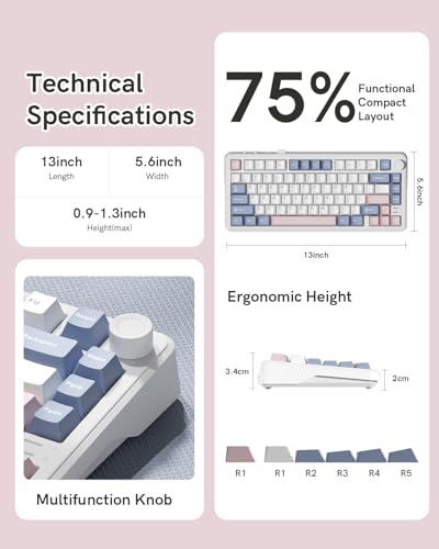 L75 75% Mechanical Keyboard, Wireless Gaming Keyboard with Multifunction Knob, Creamy Gasket Structure, Hot Swap, RGB Backlight, PBT Keycap, Custom Driver, Compact Layout for Win/Mac/PC - color: Pink & Blue