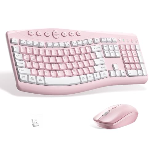Wireless Keyboard and Mouse Combo Silent Ergonomic Curved Design for Office | 2.4G Full Size Cordless Keyboard with Tilt Legs,3-Level DPI Quite Mouse for Windows,Mac OS/Desktop/Laptop/PC - color: Light pink-A