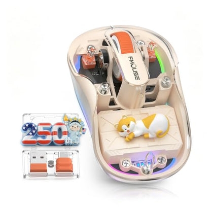 FMOUSE Transparent Wireless Mouse, 2 Cute 2026 Figurines, Tri-Mode, Cream | Rechargeable | USB-A & USB-C Receivers for Mac, iPad, Laptop | 2.4G & Dual Bluetooth | Silent Clicks | RGB | Portable - color: Cream