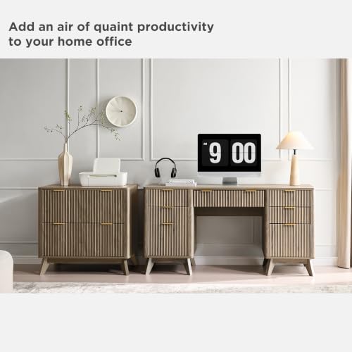 T4TREAM Fluted Executive Desk with Drawers, 60" Modern Home Office Computer Desk with Charging Station, File Cabinet, Keyboard Tray and Storage Cabinet for Study, Living Room, Bedroom, Alder Grey - color: Alder Grey