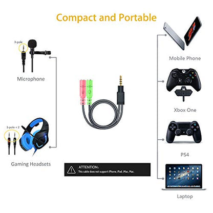 Headset Adapter 3.3 FT 3.5mm Mic and Audio Headphone Splitter for PC | Braided CTIA 4 Pole TRRS Male to 2-TRS Female Jack Stereo Y Cable for Dual-Plug Game Headset to PS4, Xbox, Phone, Laptop, PC - size: 1 Pack / 3.3 Feet