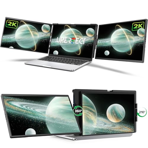 UPERFECT Laptop Screen Extender, 2K 14" 360° Patented Unique Swivel Hinge | Triple Monitor, 2240x1400 QHD IPS Portable Dual Monitor for 14"-17'' Laptops, Plug & Play, USB-C & MINI HDMI - size: 14"