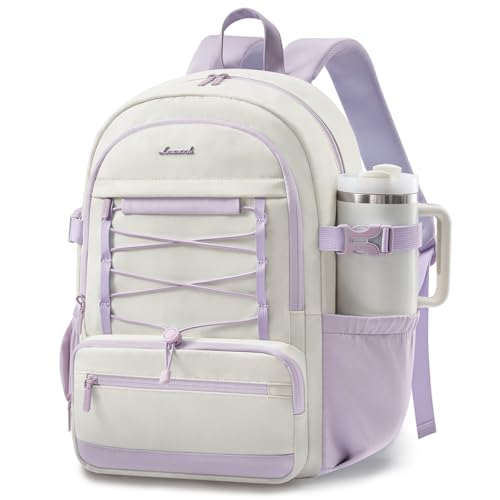 LOVEVOOK School Backpack for Teen Girls, Large Capacity College Bookbag with Water Bottle Holder, Cute Laptop Backpack Purse for Women, Lightweight Daily Backpack, Gift for Her, Off White-Lavender - color: Off White-lavender, size: 15.6inch