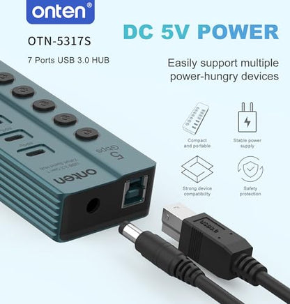 Onten 7-PortUSB 3.0 USB-C Hub, 5Gbps High - Speed Data Transfer, Independent Switches, Wide Compatibility for Laptop, Pad, Phone, Game Console