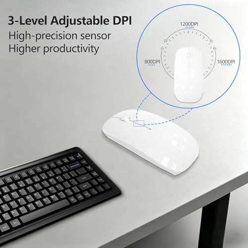 Silent Bluetooth Wireless Mouse with Jiggler, Rechargeable Portable Mouse for MacBook, iPad, Laptop & PC, Dual Mode BT5.2 and 2.4G, USB-C/USB-A Receiver, Adjustable DPI Compact Travel Mouse -White - color: White