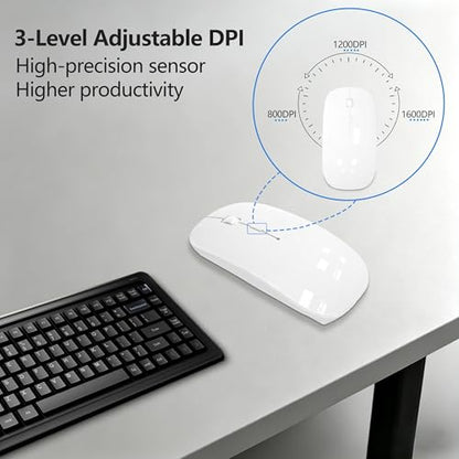 Silent Bluetooth Wireless Mouse with Jiggler, Rechargeable Portable Mouse for MacBook, iPad, Laptop & PC, Dual Mode BT5.2 and 2.4G, USB-C/USB-A Receiver, Adjustable DPI Compact Travel Mouse -White - color: White
