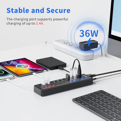 Powered USB Hub, JESWO 11-Port USB 3.0 Hub (7 Data Transfer Ports + 4 Smart Charging Ports) with Individual LED On/Off Switches, USB Hub Powered with 12V/3A Power Adapter for Mac, PC - style: 7+4 USB 3.0 Hub