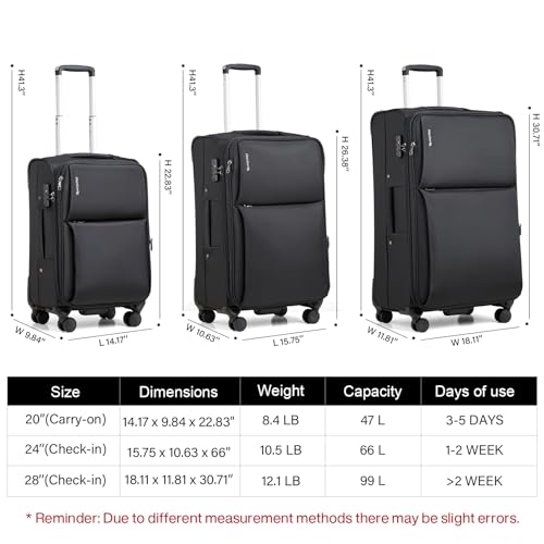 Hanke 3 Piece Luggage Sets Softside Expandable Carry On Luggage Set Travel Suitcase Sets with Spinner Wheels TSA Approved Luggage(Black, 20in/24in/28in) - color: Black, size: 3 Pc Set(20/24/28)