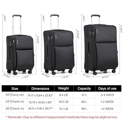 Hanke 3 Piece Luggage Sets Softside Expandable Carry On Luggage Set Travel Suitcase Sets with Spinner Wheels TSA Approved Luggage(Black, 20in/24in/28in) - color: Black, size: 3 Pc Set(20/24/28)