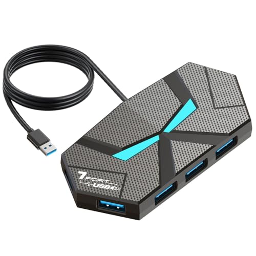 USB Hub 7 Ports, Multiple USB 3.0 Hub USBA Splitter with Power/Data Ports & Lights, 3.9ft Long Cable Multiport Adapter Extender for Laptop, Desktop, PC, Car, Xbox, PS5, Console