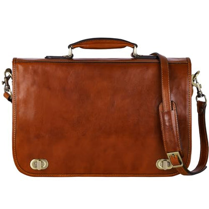 Time Resistance Leather Briefcase for Men - Italian Full Grain Leather Laptop Bag - Messenger Bag - Gift Box Included - color: Brown