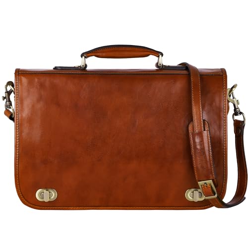 Time Resistance Leather Briefcase for Men - Italian Full Grain Leather Laptop Bag - Messenger Bag - Gift Box Included - color: Brown