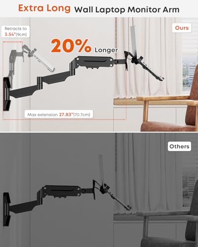 PUTORSEN Extra Long 2-in-1 Laptop Wall Mount with Detachable Tray - 30.28'' Long Gas Spring Adjustable Arm for 12''-17'' Laptops & 13''-32'' Monitors, Hold up to 19.8lbs, Black