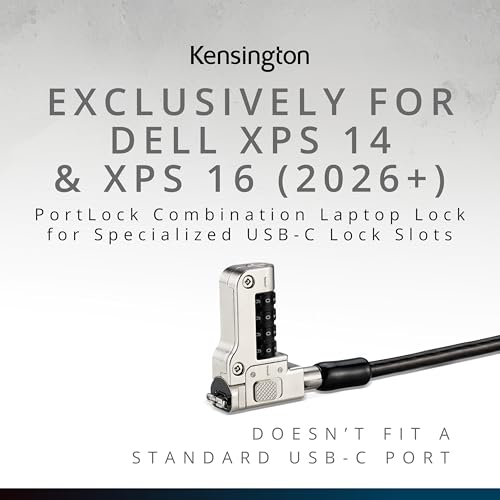Kensington PortLock Combination Lock for Dell XPS14 and XPS16 laptops - USB-C, Anti-Theft Carbon Steel Security Cable, 4-Number Resettable Combination Code (K64548WW) Black