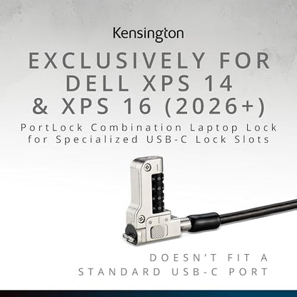 Kensington PortLock Combination Lock for Dell XPS14 and XPS16 laptops - USB-C, Anti-Theft Carbon Steel Security Cable, 4-Number Resettable Combination Code (K64548WW) Black