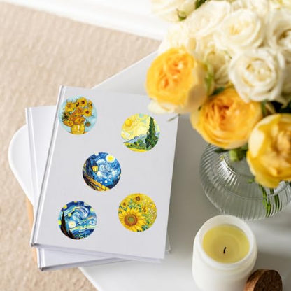 Whaline 500Pcs Van Gogh Art Stickers 8 Designs Oil Painting Sunflowers Starry Night Stickers Waterproof Self-Adhesive Decals for Water Bottle Laptop Scrapbooking, 1.5 Inch