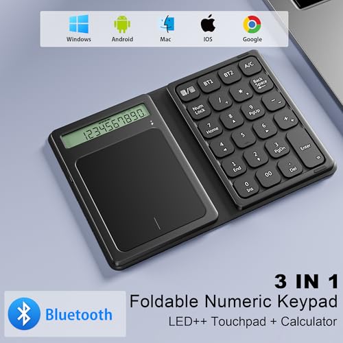 Bluetooth Number Pad, Foldable 2.4G Wireless Numeric Keypad with Display Calculator & Touchpad, Wireless Number Pad Slim 23 Keys Portable Financial Accounting Numpad Keyboard for PC Laptop Desktop