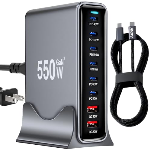 550W USB C Fast Charger Block, PD 3.1 140W USB C Charging Station, GaN Ⅲ Multi-Port PD PPS Fast Charging Station for Multiple Devices,Laptop Wall Charger Compatible with MacBook iPad iPhone 17/16 etc - size: 550W+A 240W Braided Nylon Fast Charging Cable