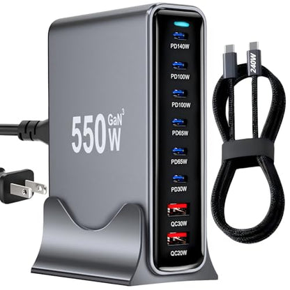 550W USB C Fast Charger Block, PD 3.1 140W USB C Charging Station, GaN Ⅲ Multi-Port PD PPS Fast Charging Station for Multiple Devices,Laptop Wall Charger Compatible with MacBook iPad iPhone 17/16 etc - size: 550W+A 240W Braided Nylon Fast Charging Cable