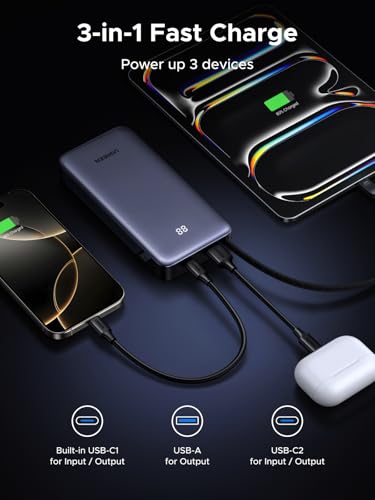 UGREEN Nexode 20000mAh 45W Power Bank, Built-in Cable for iPhone 17 Pro | Built-in USB-C cable, digital display, 3-port. Fast charges for iPhone 17 Pro, S26 Ultra, iPad Pro